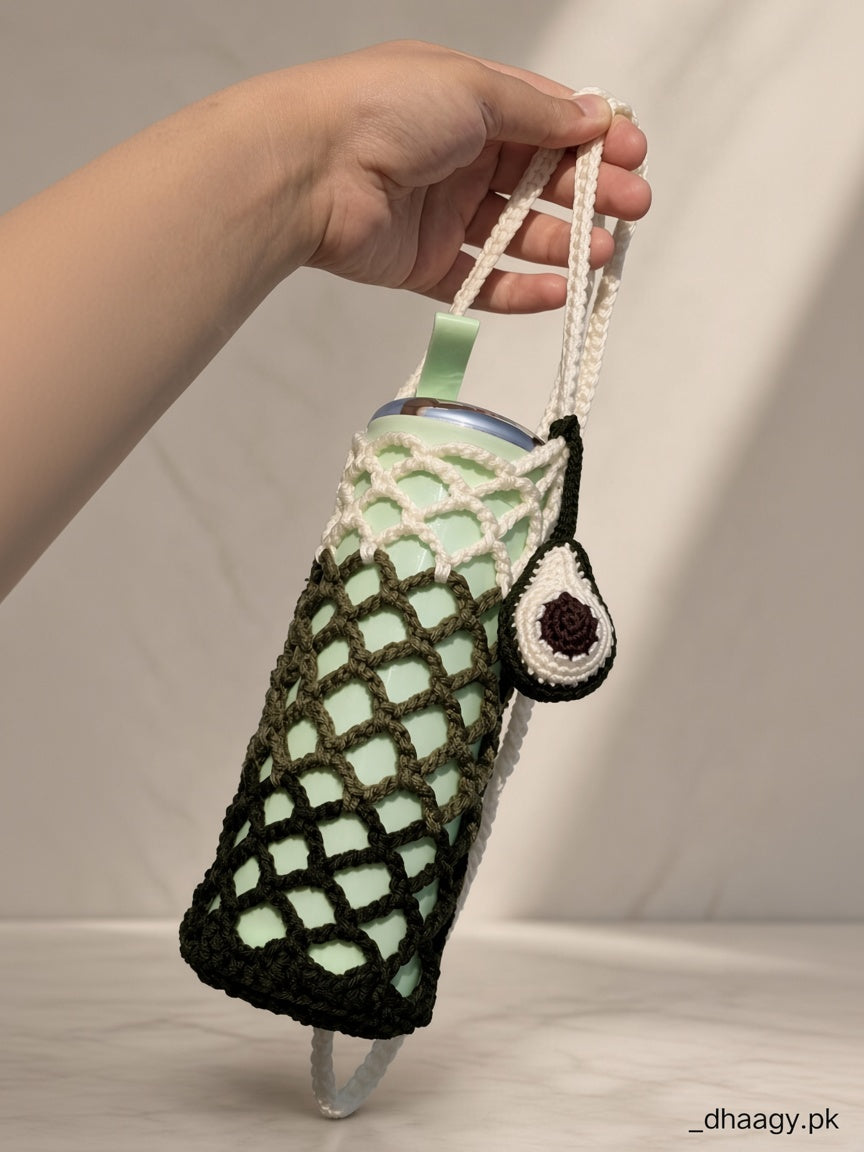 The Crochet Bottle Holder with Avocado charm