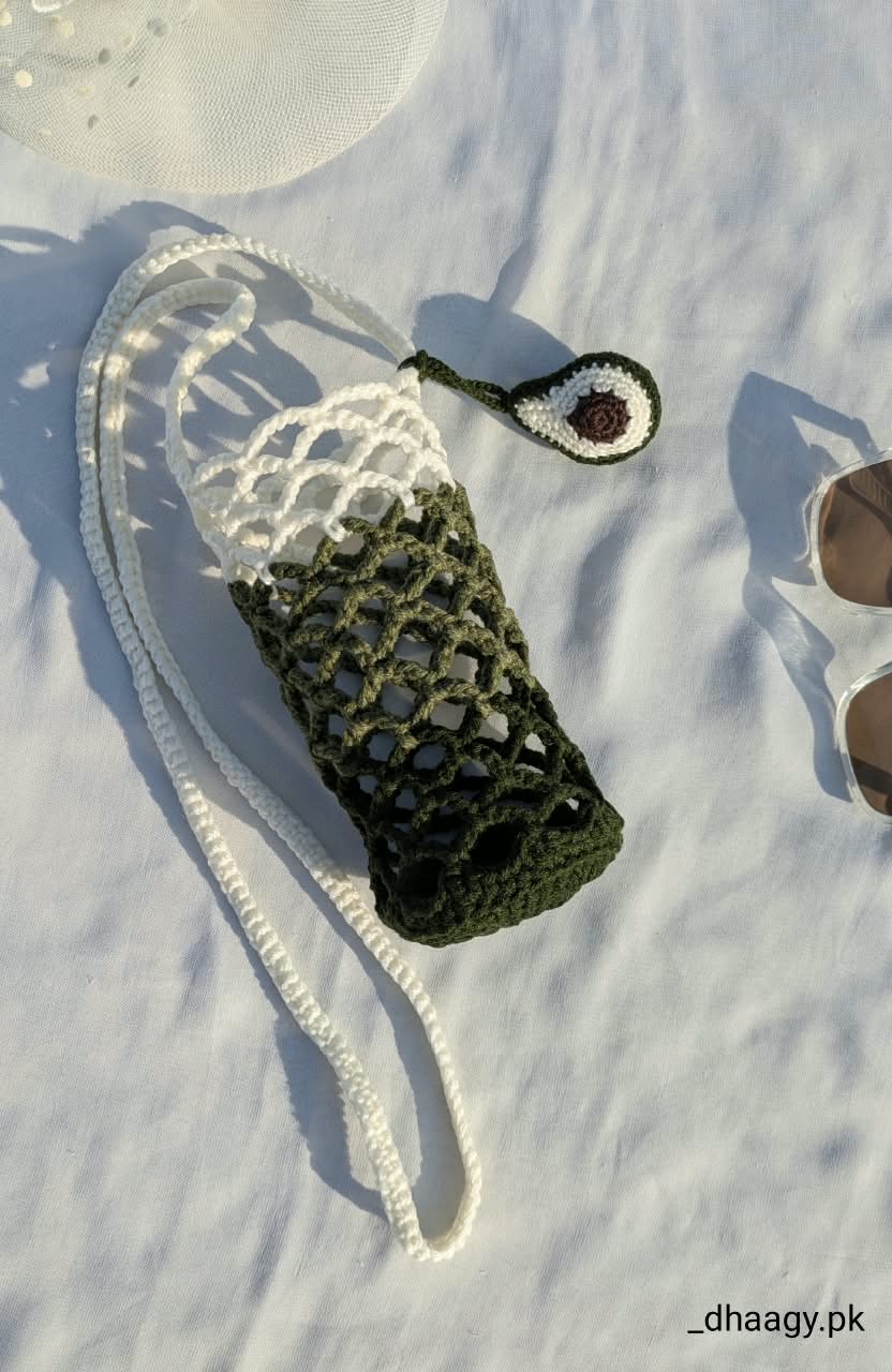 The Crochet Bottle Holder with Avocado charm
