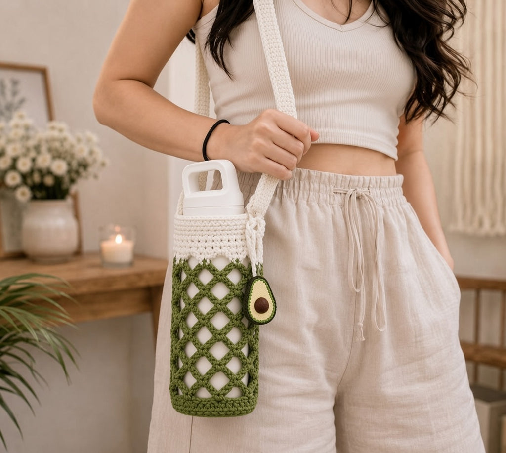 The Crochet Bottle Holder with Avocado charm