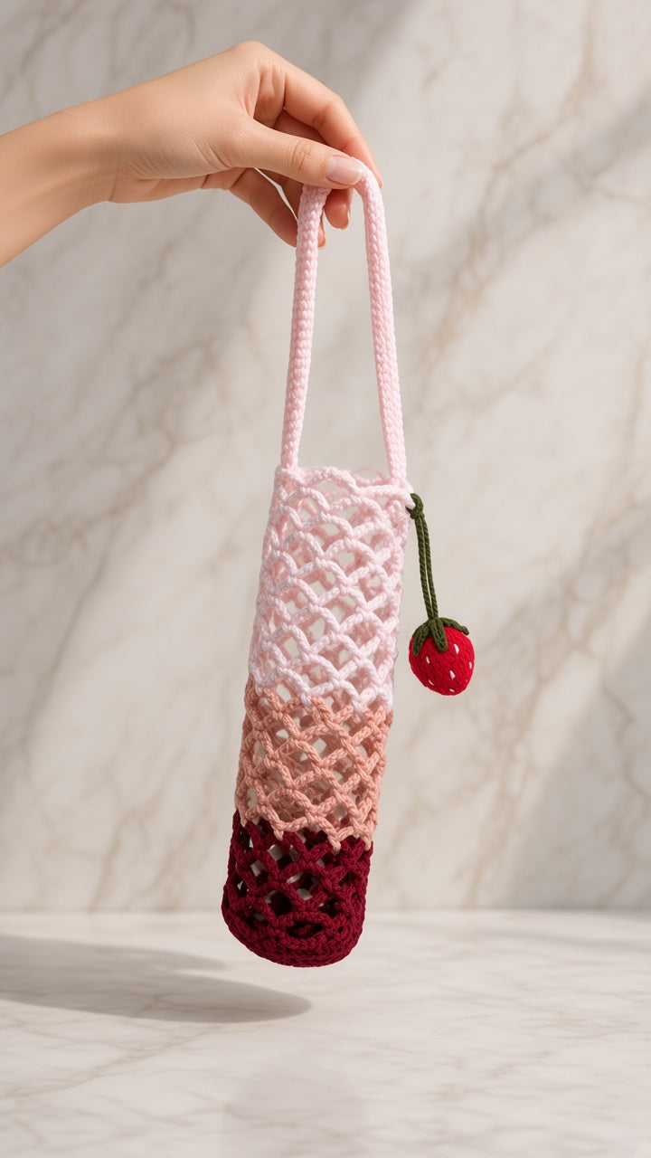 The Crochet Bottle Holder with Strawberry charm